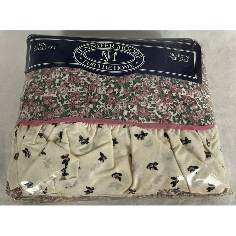 Twin Bedding Sheet Set Cottage Chic & Shabby Floral Pink Print w/Ruffles NIP VTG